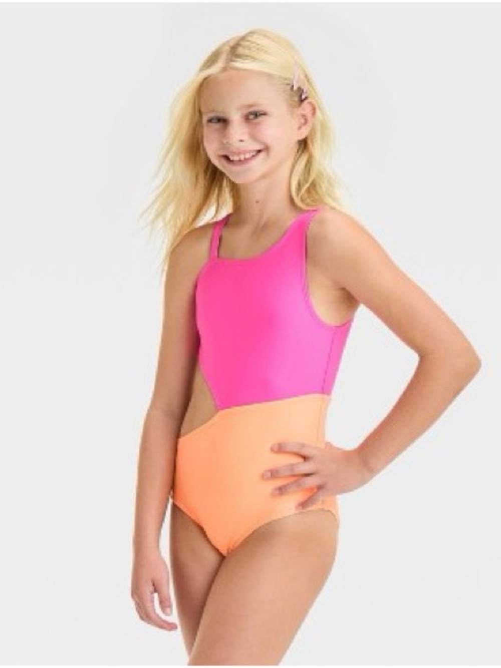 Cat & Jack Solid One Piece Orange UPF 50+, Asymmetrical Back, Swimsuit